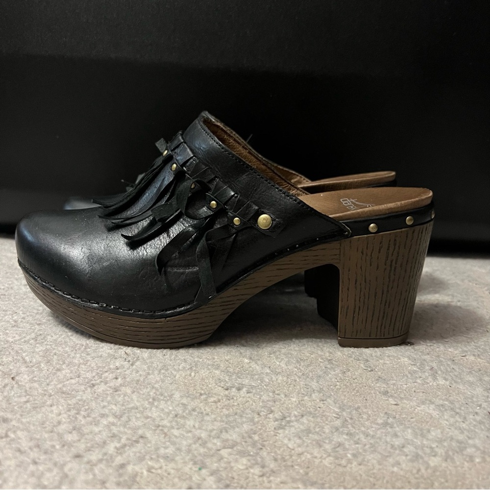 Dansko Black Leather Mules with Fringe
